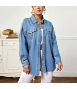 Pocket Loose Casual Long Sleeves Simple Lapel Long Denim Shirt Wholesale Women'S Top STV463514