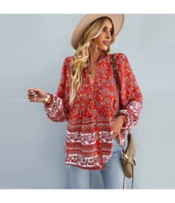 Printed Bohemian Long Sleeve Shirts Resort Boho Blouse Wholesale Womens Tops STN536759