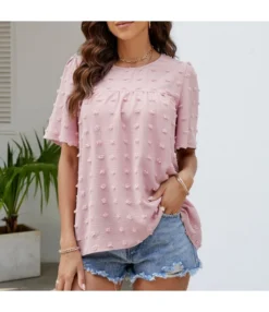 Chiffon Jacquard Pompom Round Neck Loose Top Wholesale Women'S Top N4623051300039