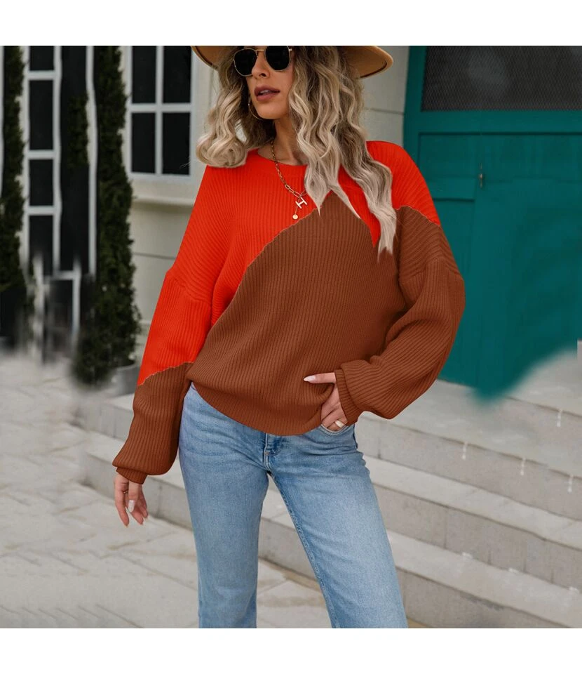 Fashion Patchwork Pullover Bat Sleeve Loose Crew Neck Wholesale Sweater SSWN560968 10 Fashion Patchwork Pullover Bat Sleeve Loose Crew Neck Wholesale Sweater SSWN560968 - Image 10