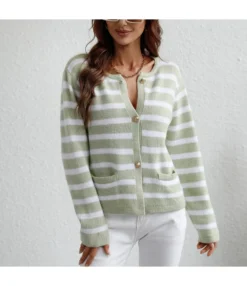 Striped Loose Casual Knitted Cardigan Single-Breasted Sweater Wholesale Womens Tops SSWN536304