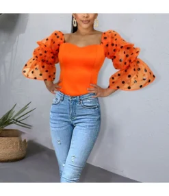 Slim Perspective Dot Puff Sleeve Stitching Design Square Neck Blouses Wholesale Women Top STV463698