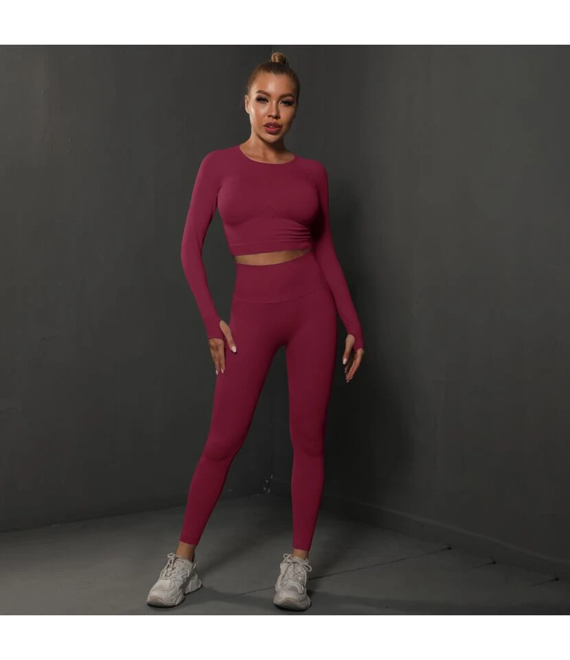 Fitness Seamless Knitted Pleated Tight Yoga Exercise Running Long Sleeve Leggings Suit Wholesale Women Clothing SOV463941 4 Fitness Seamless Knitted Pleated Tight Yoga Exercise Running Long Sleeve Leggings Suit Wholesale Women Clothing SOV463941 - Image 4