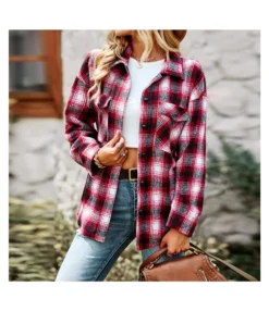 Lapel Collar Plaid Wholesale Womens Shirt STN360613