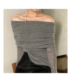 Knitted Simple Sexy One-Word Collar Slim-Fit Pullover Pleated Blouses Wholesale Women Top STV464000
