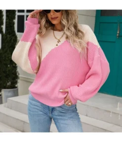 Fashion Patchwork Pullover Bat Sleeve Loose Crew Neck Wholesale Sweater SSWN560968