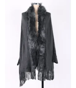 Faux Fur Collar Fringe Trim Cardigan -Women Clothing Sales Store img 4832