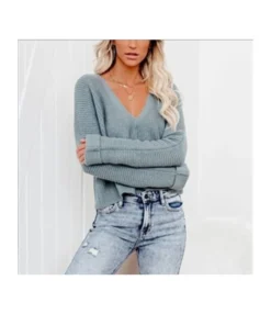 V-Neck Solid Color Plus Size Sweater For Women Wholesale SS180391